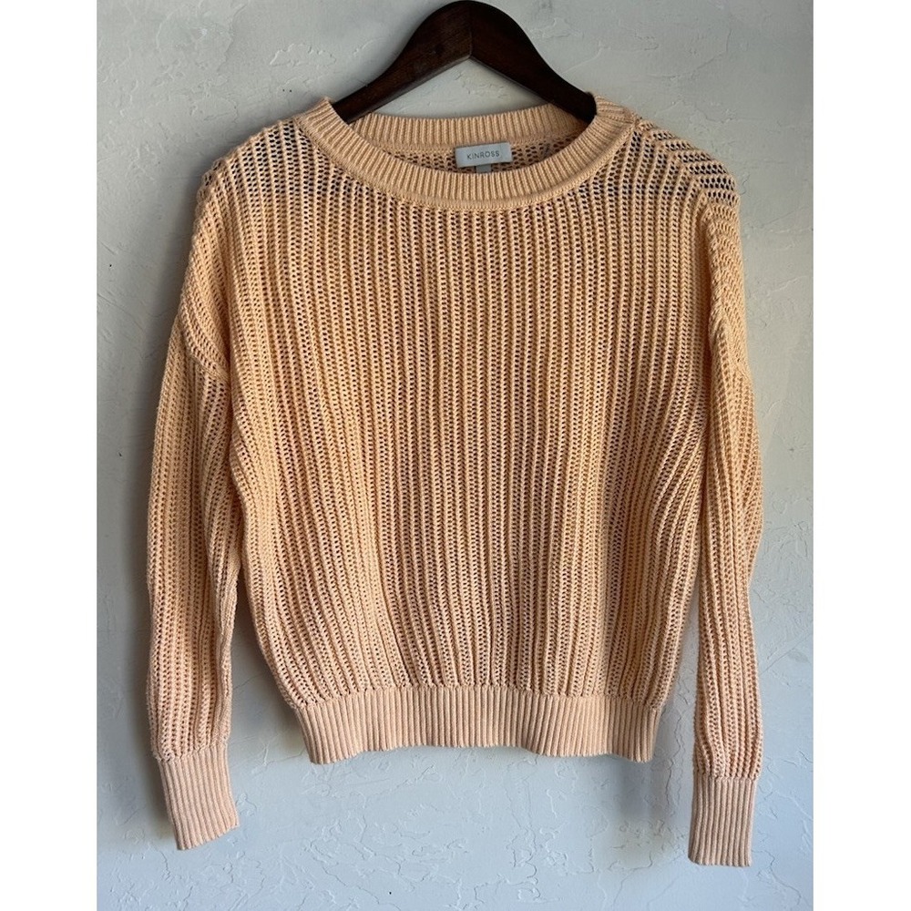 Kinross 100% Cotton Open Knit Pullover Sweater S‎ Peach Quiet Luxury Relaxed Fit